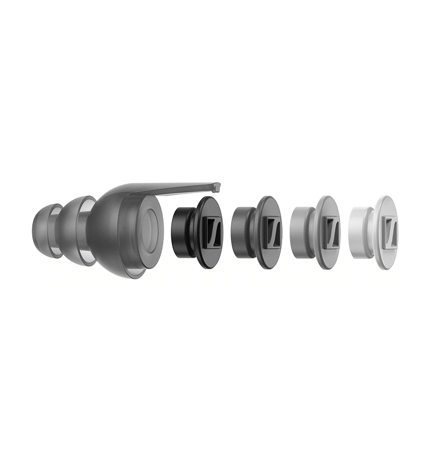 قطعات تشکیل دهنده ایرپلاگ (Earplug) Sennheiser SoundProtex Plus که به صورت انفجاری در کنار هم چیده شده و فیلترها و سریهای سیلیکونی مختلف را نشان میدهند.