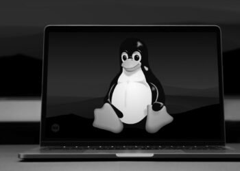لپ‌تاپی که توکس (Tux)، نماد لینوکس، را در یک پس‌زمینه سیاه و سفید نمایش می‌دهد، نمادی از لغو تولید لپ‌تاپ Snapdragon X1 Elite با لینوکس.