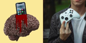 یک نمای تقسیم شده که در سمت چپ مغز انسان با خونریزی دیده می‌شود که یک گوشی هوشمند با برنامه‌های شبکه‌های اجتماعی داخل آن قرار دارد، و در سمت راست یک مرد در حال نگه داشتن کنترلر ایکس‌باکس (Xbox) است.