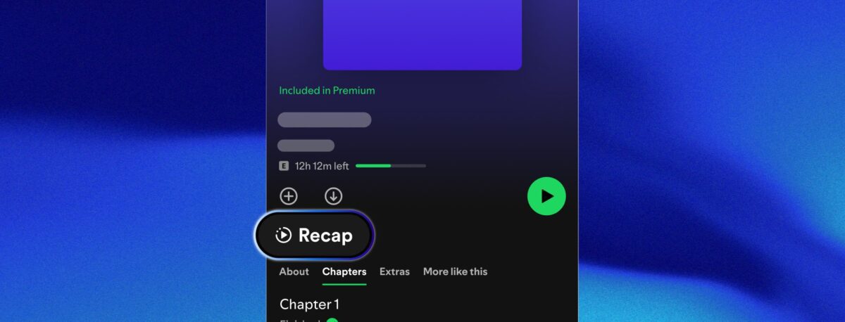 صفحه پخش کتاب صوتی در Spotify با یک دکمه برجسته "Recap" که در زیر دکمههای کنترل موسیقی قرار دارد و نشاندهنده ویژگی خلاصهسازی داستان با هوش مصنوعی است.