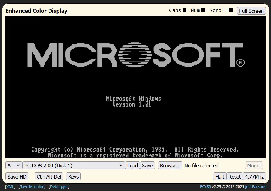 اسکرین‌شات از امولاتور PCx86 که یک کادر اطلاعاتی برای Microsoft Windows MS-DOS Executive (نسخه ۱.۰۱) را نمایش می‌دهد که فضای دیسک و حافظه آزاد را نشان می‌دهد.