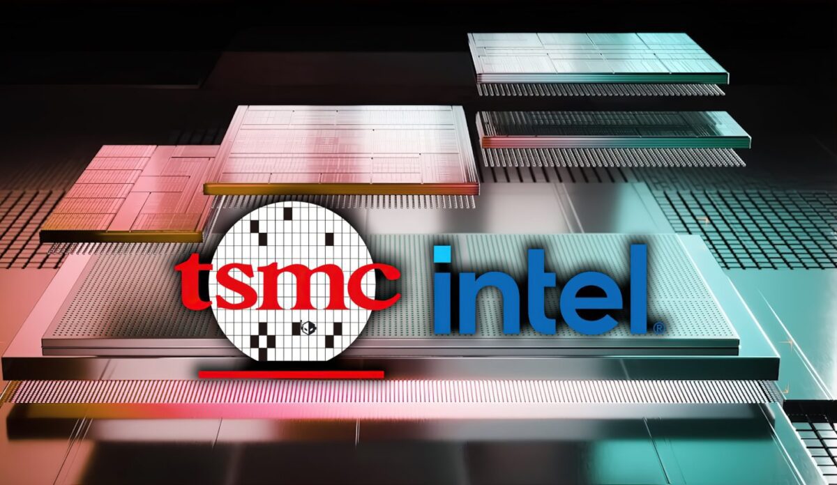 لوگوی TSMC (در دایره) و لوگوی Intel، که روی لایه‌هایی از دای (Dies) و تراشه‌های نیمه‌رسانا با نورپردازی رنگی قرار گرفته‌اند.