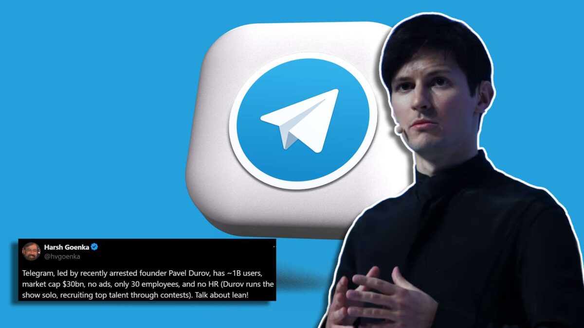 پرتره‌ای از پاول دوروف در پس‌زمینه یک آیکون بزرگ تلگرام آبی و بالای یک توییت، بر روی پس‌زمینه آبی روشن.