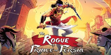 طرحی از شخصیت اصلی "The Rogue Prince of Persia" با شمشیر، لباس زره‌پوش و رگه‌های خون روی بازو، در برابر پس‌زمینه‌ای با غروب خورشید و خرابه شهر.