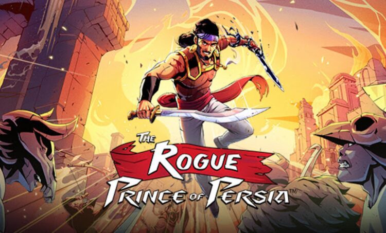 طرحی از شخصیت اصلی "The Rogue Prince of Persia" با شمشیر، لباس زره‌پوش و رگه‌های خون روی بازو، در برابر پس‌زمینه‌ای با غروب خورشید و خرابه شهر.