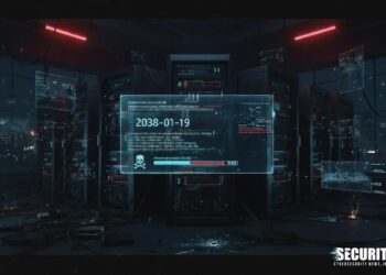 یک مرکز داده (Data Center) تاریک و آینده‌نگر، با نمایشگر هولوگرافیک که تاریخ "2038-01-19" و یک جمجمه و استخوان را نمایش می‌دهد، که نمادی از باگ Y2K38 است.