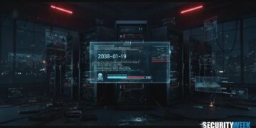 یک مرکز داده (Data Center) تاریک و آیندهنگر، با نمایشگر هولوگرافیک که تاریخ "2038-01-19" و یک جمجمه و استخوان را نمایش میدهد، که نمادی از باگ Y2K38 است.