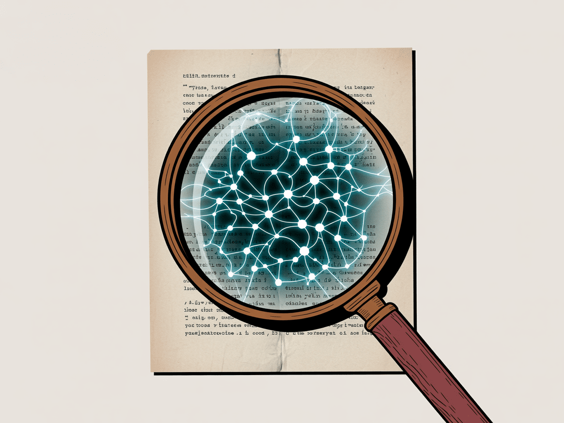 نمای نزدیک از یک ذره‌بین که بر روی یک متن تایپ شده قرار گرفته و یک شبکه عصبی درخشان و خطوط داده‌های هوش مصنوعی را نشان می‌دهد.