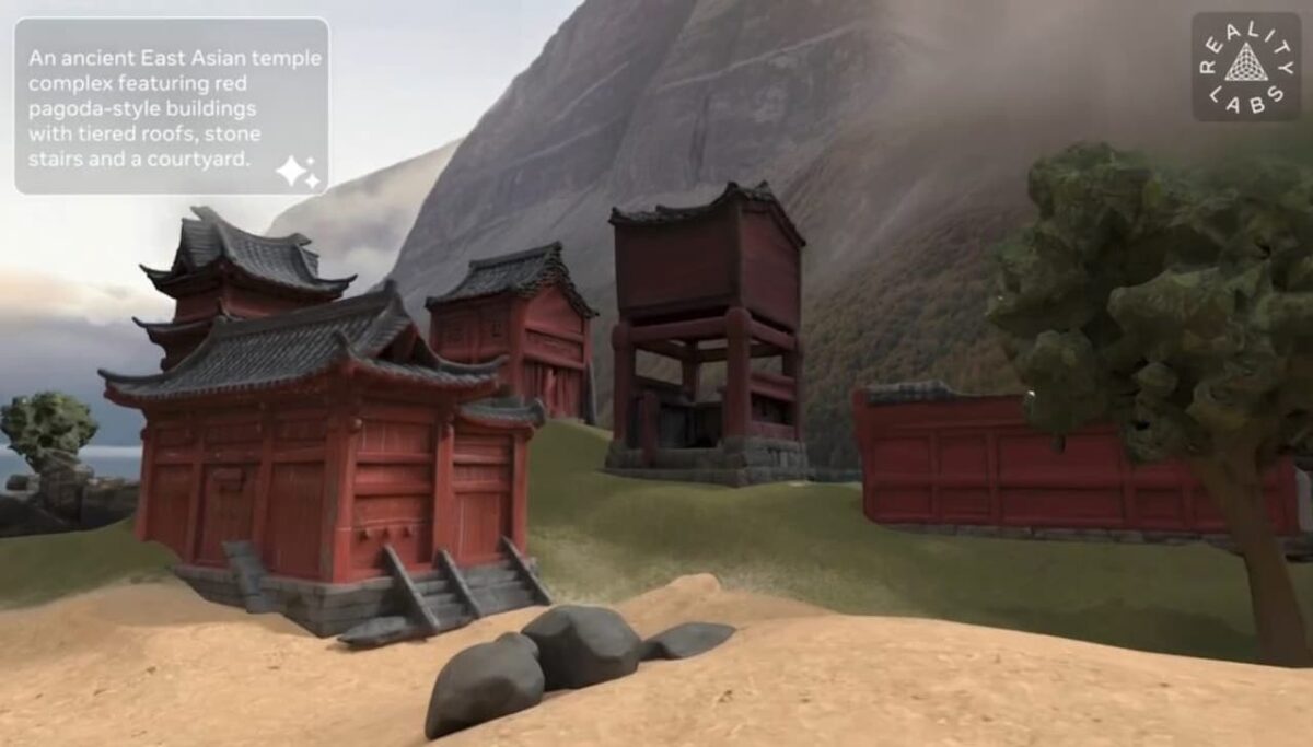 یک رندر ۳D از یک مجموعه معبد آسیای شرقی با ساختمان‌های قرمز پاگودا مانند در یک محیط کوهستانی با مه، که توسط ابزار هوش مصنوعی Meta Reality Labs ایجاد شده است.