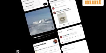 یک کلاژ از اسکرین‌شات‌های رابط کاربری اپلیکیشن Threads که جریان‌های محتوا، یک پست ویدیویی، و یک فید "Trending" را نشان می‌دهد.