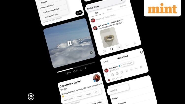 یک کلاژ از اسکرین‌شات‌های رابط کاربری اپلیکیشن Threads که جریان‌های محتوا، یک پست ویدیویی، و یک فید "Trending" را نشان می‌دهد.