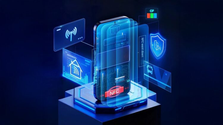 اینفوگرافیک تبلیغاتی صفحه نمایش حرفه‌ای Tianma با NFC یکپارچه، که ویژگی‌هایی مانند Touchscreen NFC و ارتقاء فاصله حسگر را با تصاویر هولوگرافیک نشان می‌دهد.