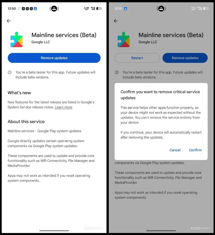 دو اسکرینشات از صفحه خدمات Mainline (Beta) در گوشی اندروید، که دکمه "Remove updates" را نشان میدهد و یک پیام تأیید در مورد حذف بهروزرسانیهای حیاتی سرویس ظاهر شده است.