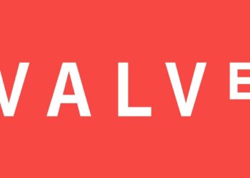 لوگوی سفید "VALVE" در یک مستطیل سفید روی پس‌زمینه قرمز.