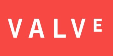 لوگوی سفید "VALVE" در یک مستطیل سفید روی پس‌زمینه قرمز.