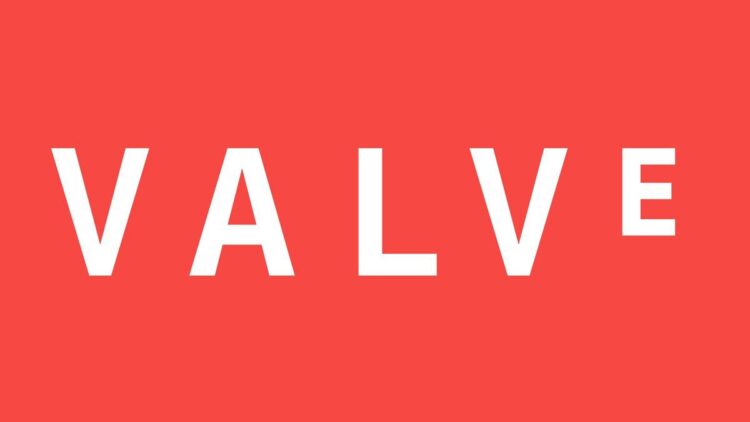 لوگوی سفید "VALVE" در یک مستطیل سفید روی پس‌زمینه قرمز.