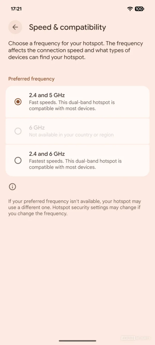 اسکرین‌شات از تنظیمات "Speed & compatibility" هات‌اسپات (Hotspot) وای‌فای اندروید که گزینه‌های فرکانس ترجیحی (2.4 و 5 GHz، 6 GHz، و 2.4 و 6 GHz) را نشان می‌دهد.