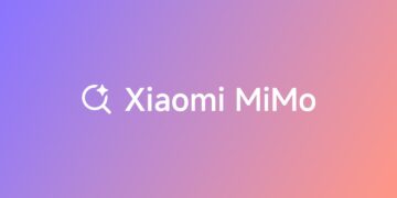 لوگوی سفید "Xiaomi MiMo" با یک آیکون جستجو/ستاره بر روی یک پس‌زمینه گرادیانتی بنفش و نارنجی.