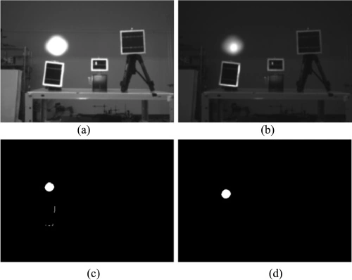چهار تصویر سیاه و سفید که فرآیند تشخیص و ردیابی هدف (Spot Detection) در سیستم OWPT (شامل نور LED و پنل‌های PV) را قبل و بعد از پردازش نشان می‌دهد.