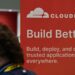 یک بنر تبلیغاتی Cloudflare با لوگوی سفید و شعار "Build Better" که در یک رویداد یا کنفرانس دیده می‌شود.
