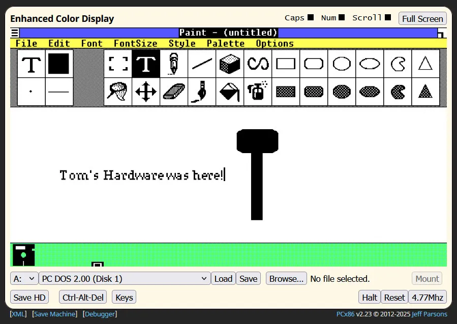 اسکرین‌شات از امولاتور PCx86 که یک کادر اطلاعاتی برای Microsoft Windows MS-DOS Executive (نسخه ۱.۰۱) را نمایش می‌دهد که فضای دیسک و حافظه آزاد را نشان می‌دهد.