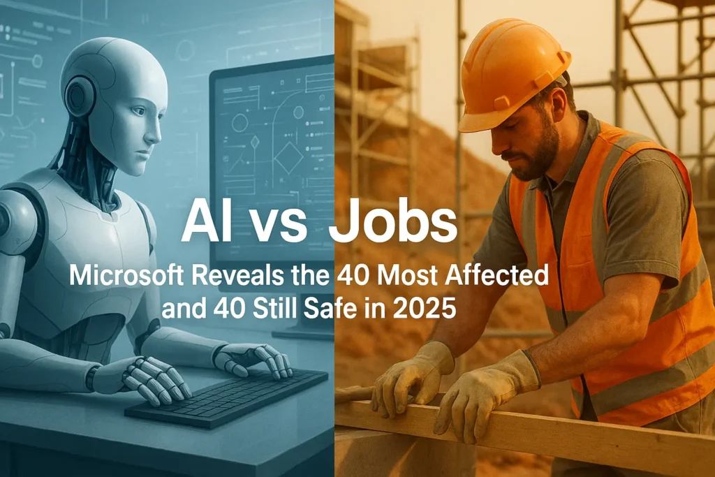 تصویر دو قسمتی نشان دهنده یک ربات انسان‌نما در حال کار با کامپیوتر (سمت چپ) و یک کارگر ساختمانی با کلاه ایمنی (سمت راست)، با متن "AI vs Jobs".