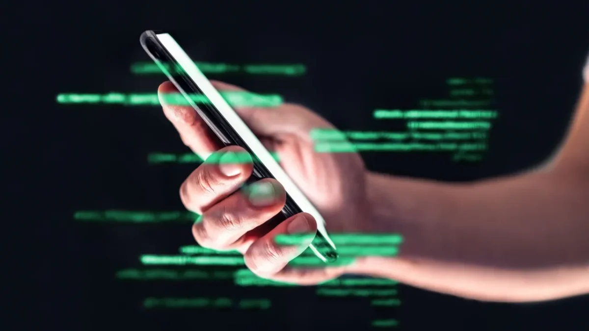 تصویر یک گوشی را نشان میدهد که اطراف آن خطهایی شبیه کد قرار گرفته