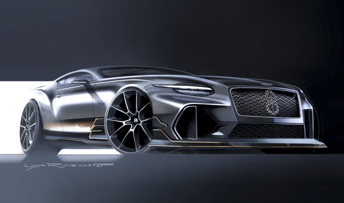نمای اسکیسی خودرو bently Supersport با خطوط طراحی اغراق‌آمیز