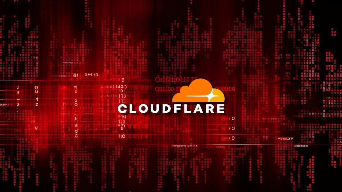 لوگوی Cloudflare و متن "CLOUDFLARE" بر روی یک پس‌زمینه قرمز بافت‌دار با داده‌های دیجیتال و کدهای باینری به رنگ قرمز که نمادی از مشکل یا خرابی سیستم است.