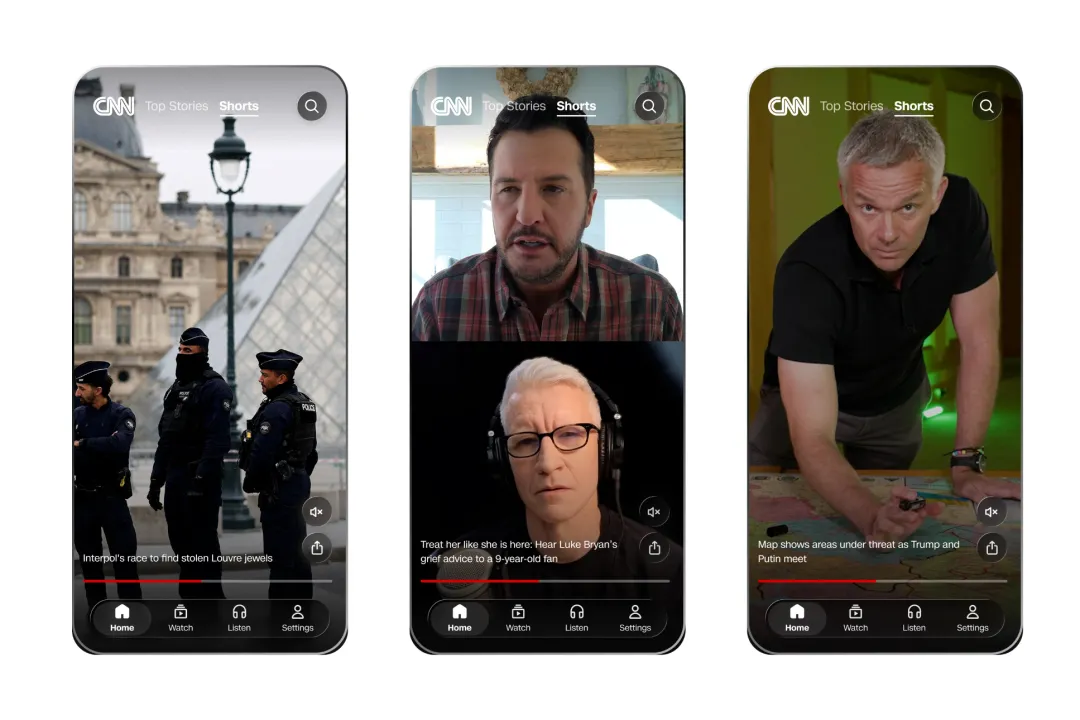 سه اسکرین‌شات از فید "Shorts" در اپلیکیشن موبایل CNN که اخبار سریع و ویدیویی از جمله گزارشی در مورد پلیس در موزه لوور، لایک برایان و اندرسون کوپر را نشان می‌دهد.