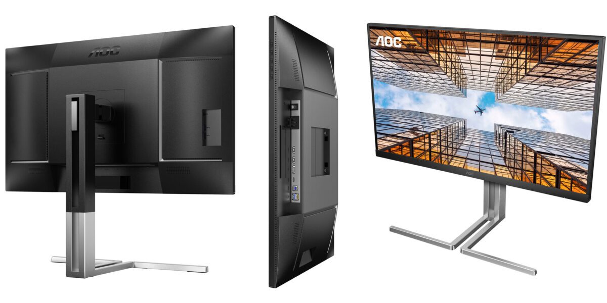 مانیتور AOC U27U3XD که یکی از آن‌ها نمای پشتی و تنظیمات ارتفاع، دیگری نمای کناری و پورت‌های اتصال، و دیگری نمای جلویی با تصویر آسمان‌خراش‌ها را نشان می‌دهد.