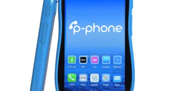 یک تلفن هوشمند P-Phone با قاب آبی و طراحی منحنی، که صفحه نمایش آن لوگوی P-Phone و آیکون‌های برنامه‌های موبایل را نمایش می‌دهد.