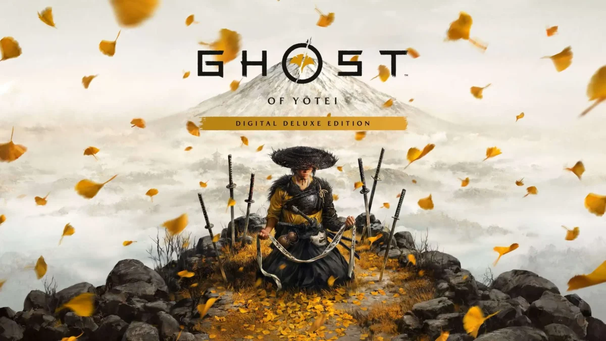 پوستر بازی "Ghost of Yōtei: Digital Deluxe Edition" که یک سامورایی کلاه‌دار را در میان برگ‌های زرد پاییزی و شمشیرهای متعدد با کوه فوجی در پس‌زمینه نشان می‌دهد.