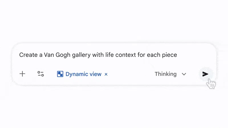 انیمیشن GIF از رابط کاربری Gemini که کاربر در حال تایپ درخواست "Create a Van Gogh gallery with life context for each piece" است و سپس حالت "Dynamic view" را فعال می‌کند.