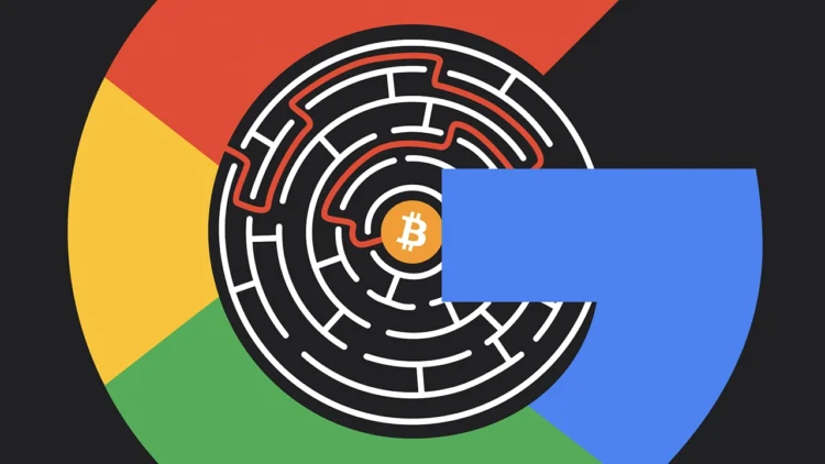 ترکیب لوگوی رنگی Google با نماد بیتکوین درون یک هزارتوی سیاه و سفید، نشاندهنده تلاش گوگل برای عبور از محدودیتهای بلاکچین با فناوری پول کوانتومی.