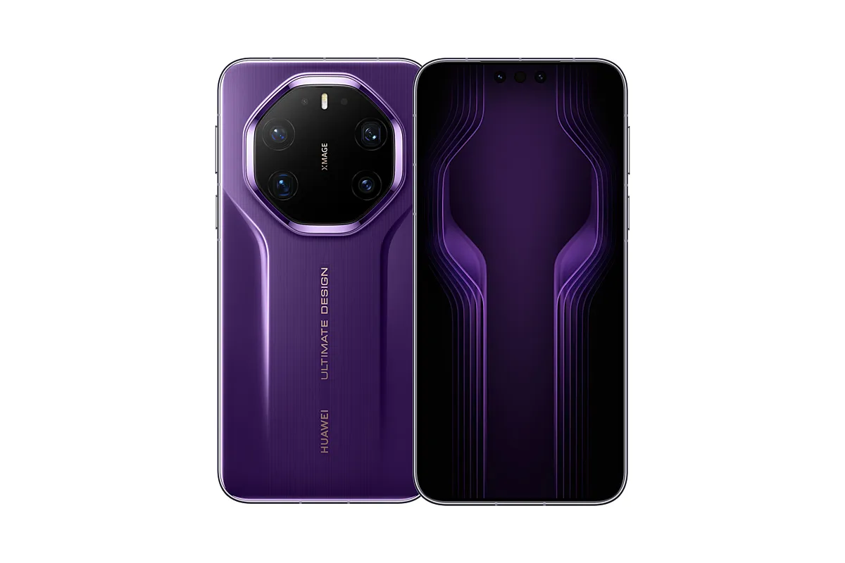 رندر گوشی Huawei Mate 80 Pro سفید رنگ، که نمای پشت با ماژول دوربین دایرهای بزرگ XIMAGE و نمای جلویی با صفحه نمایش روشن و طرحهای نوری بنفش/آبی را نشان میدهد.