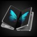 رندر مفهومی یک گوشی تاشو (شبیه به iPhone Fold) که به صورت باز شده روی یک پسزمینه سیاه قرار دارد و تصویری از یک پروانه آبی رنگ روی صفحه نمایش داده شده است.