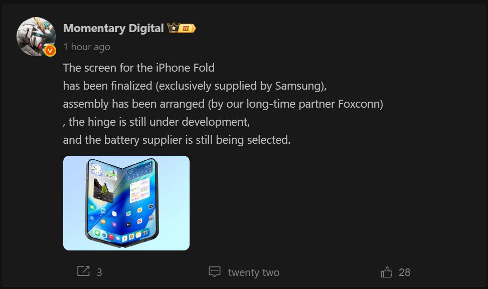 یک پست آنلاین حاوی متن (ادعا میکند که صفحه iPhone Fold توسط سامسونگ تامین شده و مونتاژ توسط فاکسکان انجام میشود) و رندر یک گوشی تاشو باز شده (Foldable Phone).