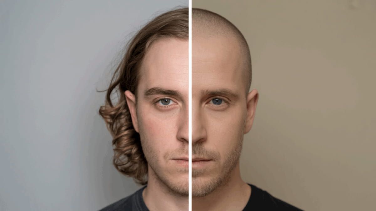 تصویری از یک مرد که در سمت چپ دارای مو و در سمت راست بدون مو است