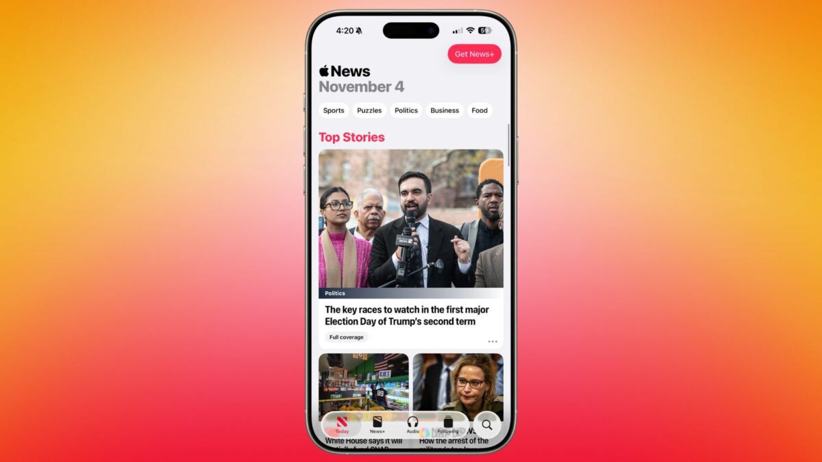 صفحه نمایش آیفون که برنامه Apple News را با بخش‌های مختلف و یک خبر مهم در مورد انتخابات را نشان می‌دهد.