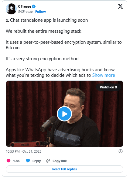 ایلان ماسک از پیام‌رسان جدیدی موسوم به X Chat با رمزگذاری مشابه بیت‌کوین رونمایی کرد