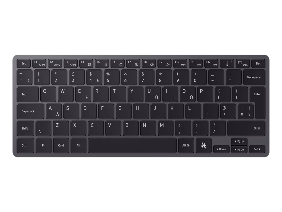 کیبورد هوشمند سامسونگ (Samsung Smart Keyboard) که نمای بالا از صفحه کلید و دکمههای خاص آن (از جمله یک دکمه برای Samsung DeX و دکمههای قابل برنامهریزی F1-F3) را نشان میدهد، با رندرهایی از گوشی و تبلت متصل در پسزمینه.