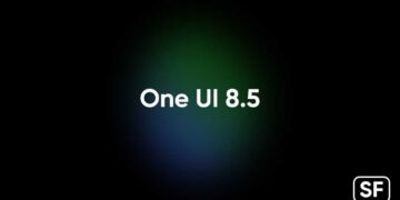 اسکرین‌شاتی با متن "One UI 8.5" در مرکز و پس‌زمینه‌ای تیره با نورهای سبز و آبی محو.