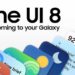 ردیفی از کارتهای رابط کاربری با طراحی رنگارنگ و متن "One UI 8" و "Now coming to your Galaxy" که در پسزمینه سفید قرار گرفتهاند.