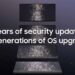 سه گوشی سامسونگ که روی هم چیده شده‌اند و متن "7 years of security updates" و "6 generations of OS upgrades" در کنار آن‌ها بر روی یک پس‌زمینه تیره و با افکت کهکشانی دیده می‌شود.