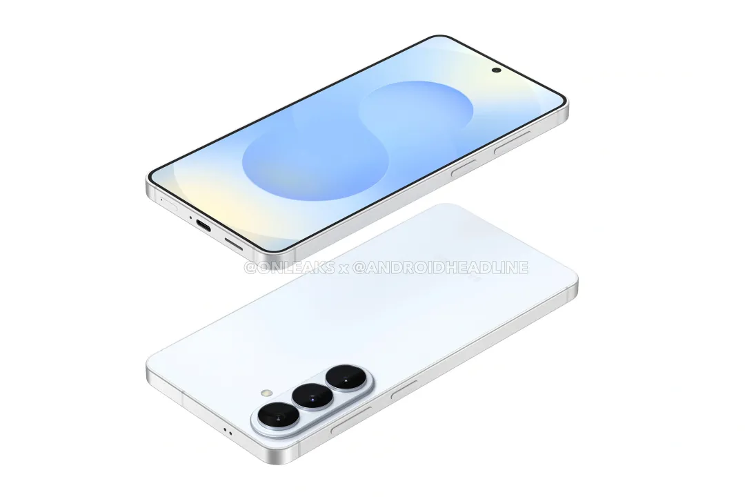 رندر گوشی Samsung Galaxy S26 Plus به رنگ سفید از نمای جلو و پشت با چینش عمودی سه لنز دوربین.