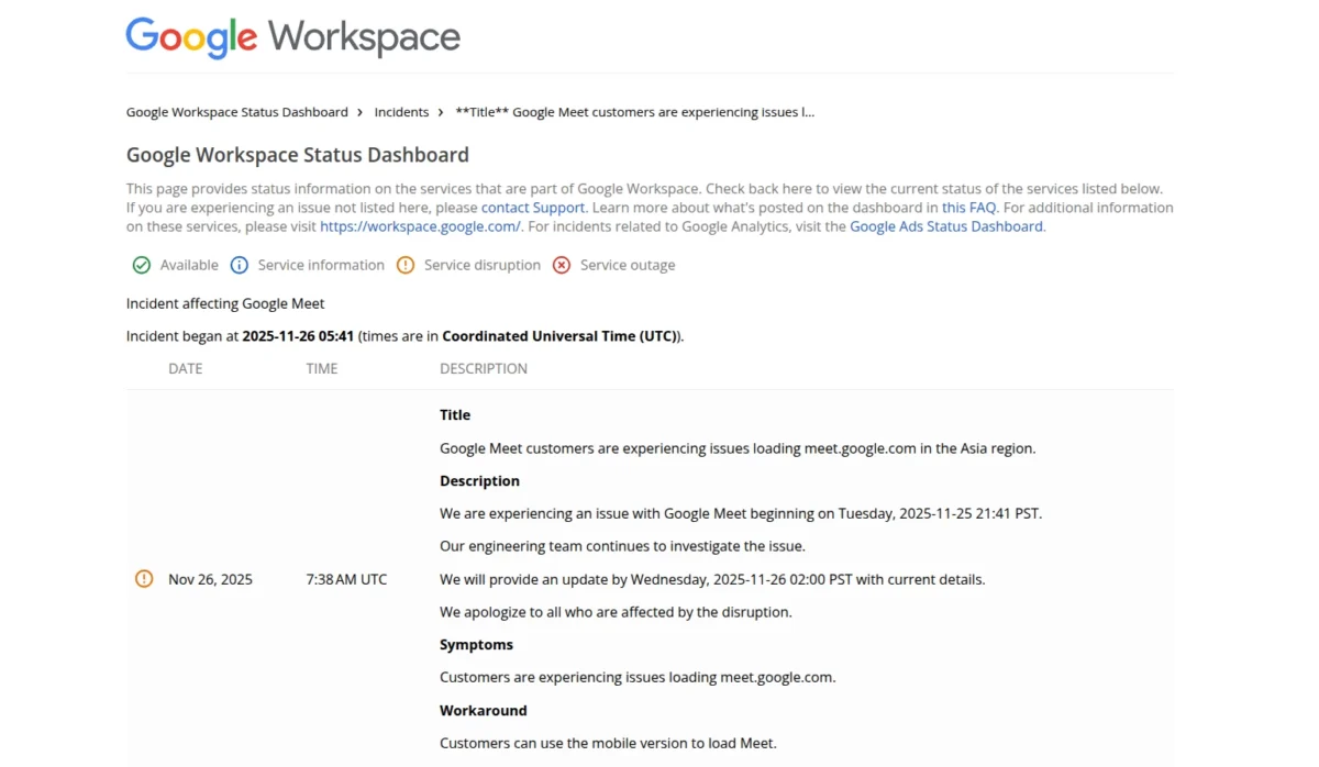 یک اسکرین‌شات از داشبورد وضعیت Google Workspace که گزارشی از یک رخداد روی Google Meet در آسیا را نشان می‌دهد.