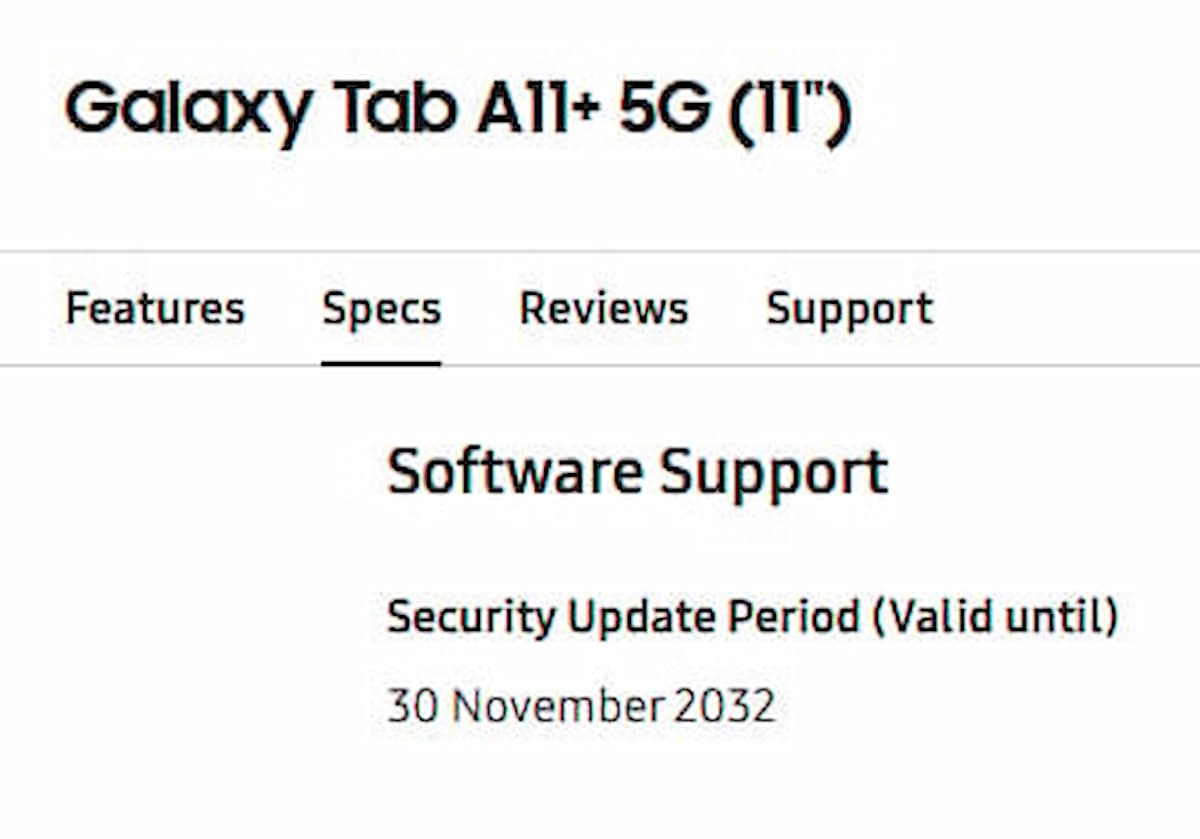 اسکرینشات از صفحه پشتیبانی نرمافزاری تبلت Samsung Galaxy Tab A11+ 5G که دوره بهروزرسانی امنیتی آن را تا "30 November 2032" نشان میدهد.