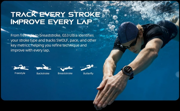 یک شناگر (مرد) در زیر آب در حال شنای آزاد که ساعت هوشمند Black Shark GS3 Ultra را در دست دارد و متن "TRACK EVERY STROKE IMPROVE EVERY LAP" در بالای تصویر دیده میشود.