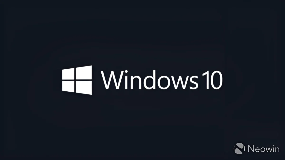 لوگوی Windows 10 به رنگ سفید در کنار نماد چهار پنجره ویندوز، بر روی یک پس‌زمینه خاکستری تیره.